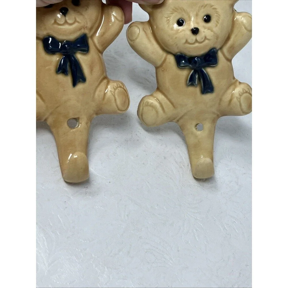 2 VTG Ceramic Teddy Bear w Blue Bow Wall Hook Hangers Set Baby Boy Nursery Beige
